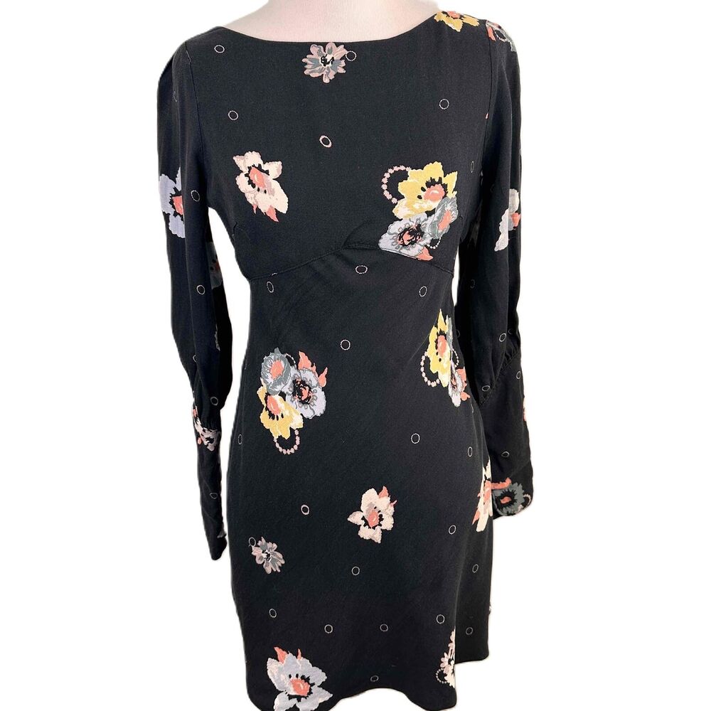 Free People Black Floral Long Sleeves Sunshadows Open Sleeve Dress Size Small